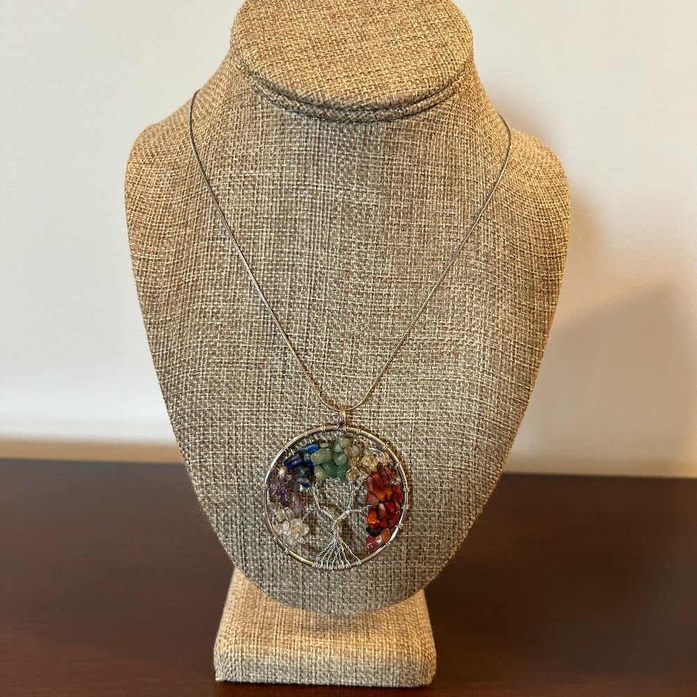 Tree of Life rainbow multicolored stones silvertone necklace